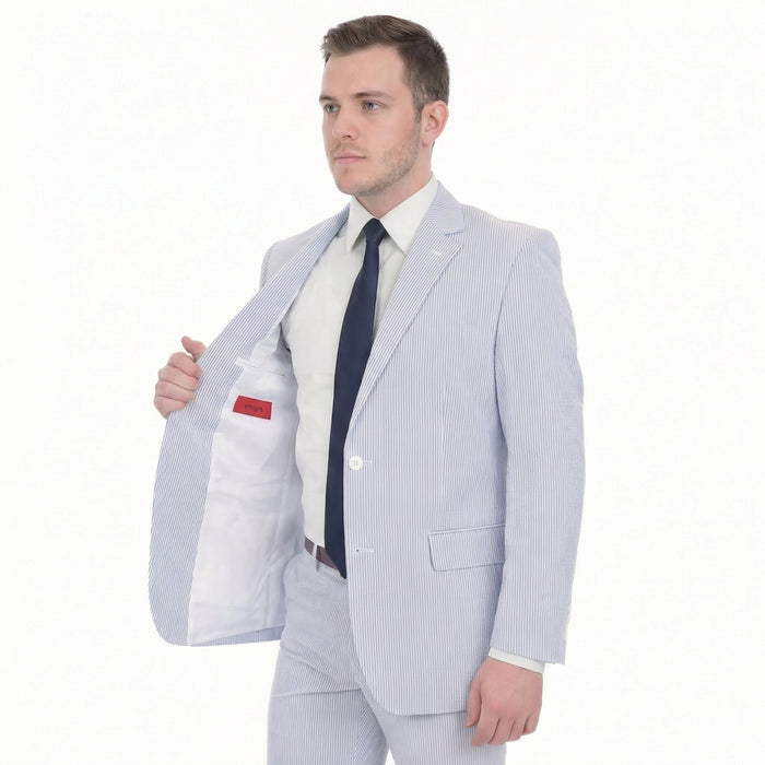 Emigre Classic Fit Blue Striped Two Button Cotton Seersucker Suit - The Suit Depot
