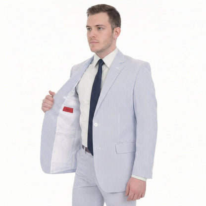 Emigre Classic Fit Blue Striped Two Button Cotton Seersucker Suit - The Suit Depot