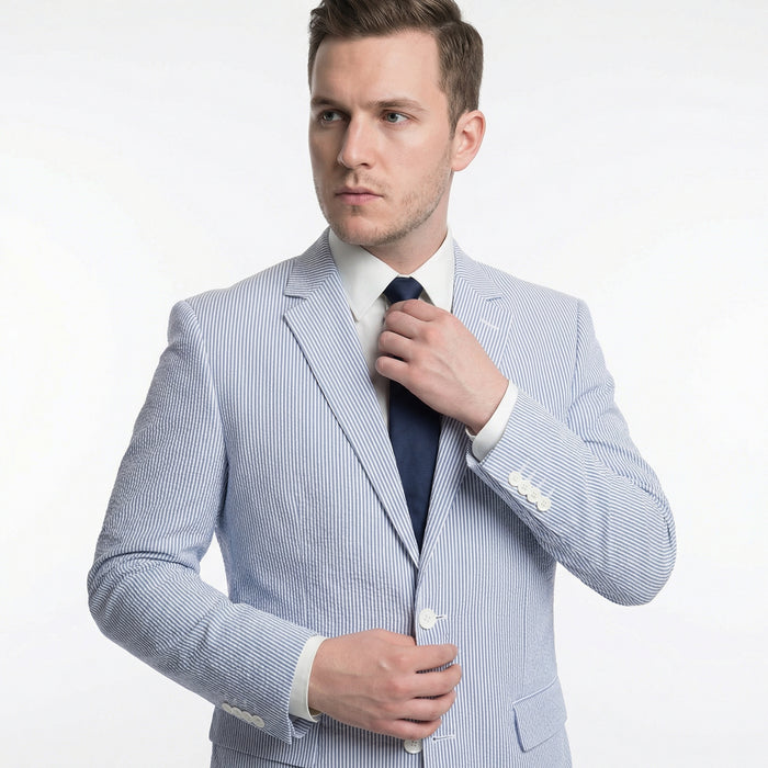 Emigre Classic Fit Blue Striped Two Button Cotton Seersucker Suit - The Suit Depot