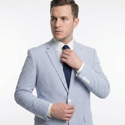 Emigre Classic Fit Blue Striped Two Button Cotton Seersucker Suit - The Suit Depot