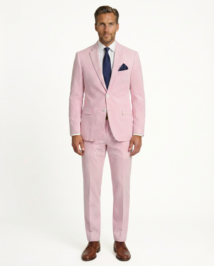 Emigre Classic Fit Pink Striped Two Button Cotton Seersucker Suit - The Suit Depot