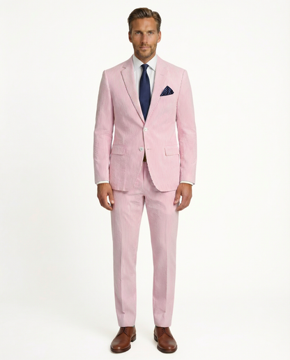 Emigre Classic Fit Pink Striped Two Button Cotton Seersucker Suit - The Suit Depot