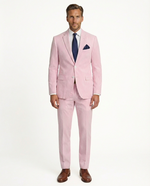 Emigre Classic Fit Pink Striped Two Button Cotton Seersucker Suit - The Suit Depot