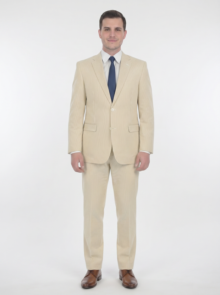 Emigre Classic Fit Tan Striped Two Button Cotton Seersucker Suit - The Suit Depot