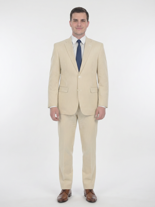 Emigre Classic Fit Tan Striped Two Button Cotton Seersucker Suit - The Suit Depot