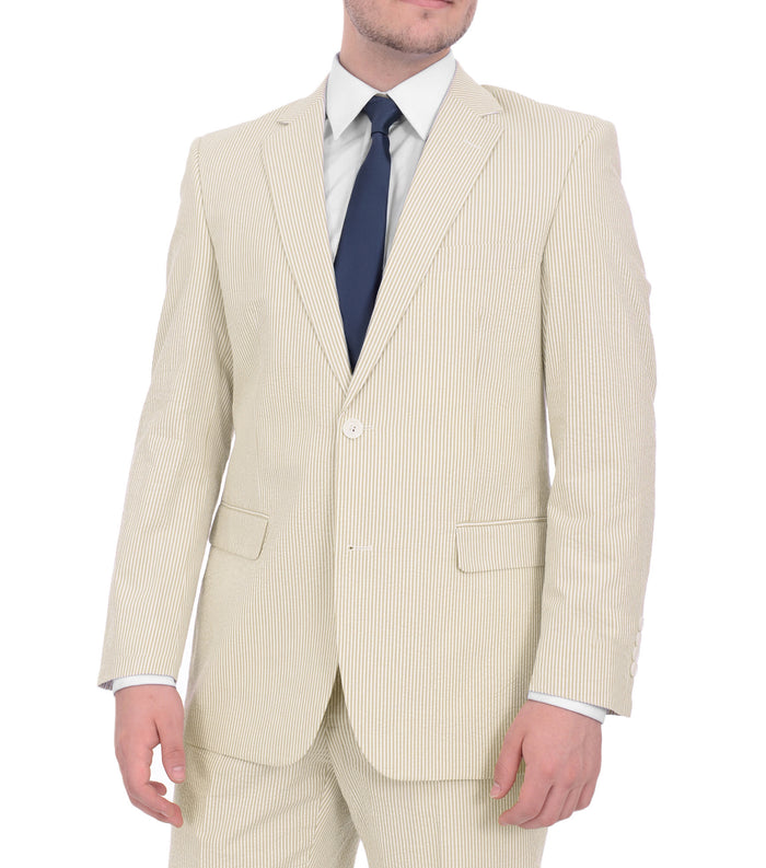 Emigre Classic Fit Tan Striped Two Button Cotton Seersucker Suit - The Suit Depot