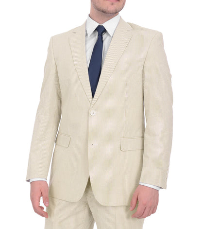Emigre Classic Fit Tan Striped Two Button Cotton Seersucker Suit - The Suit Depot
