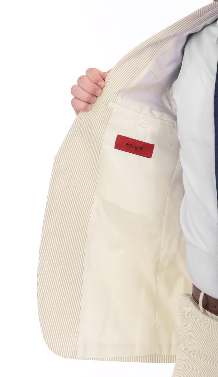 Emigre Classic Fit Tan Striped Two Button Cotton Seersucker Suit - The Suit Depot