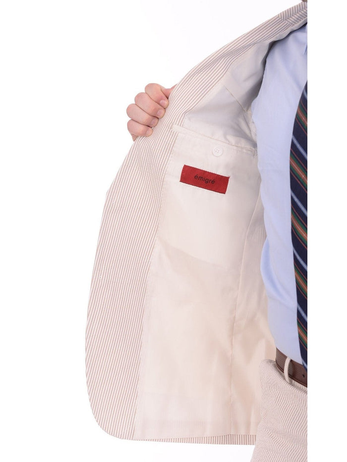 Emigre BLAZERS Emigre Classic Fit Tan & White Striped Seersucker Cotton Blazer Sportcoat