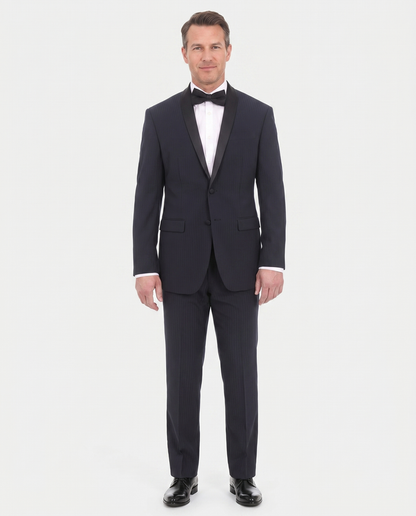 EP Slim Fit Navy Blue Tonal Striped Two Button Tuxedo Suit - The Suit Depot