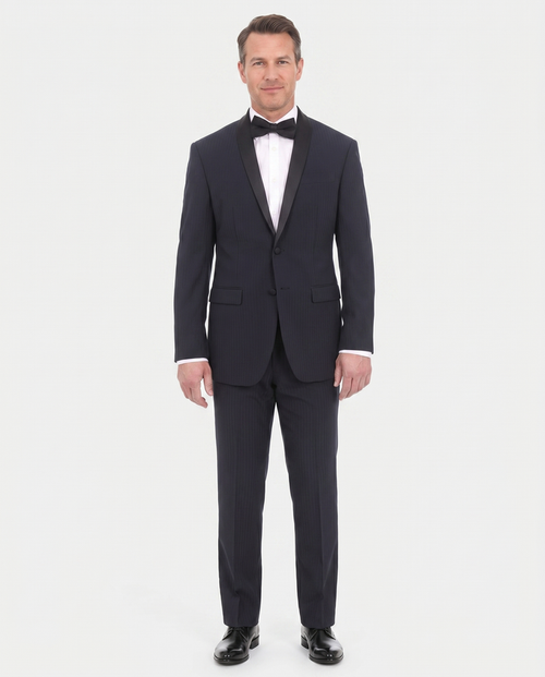 EP Slim Fit Navy Blue Tonal Striped Two Button Tuxedo Suit - The Suit Depot