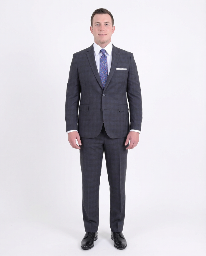 Extra Slim Fit Charcoal Gray Plaid Two Button Wool Blend Suit - The Suit Depot