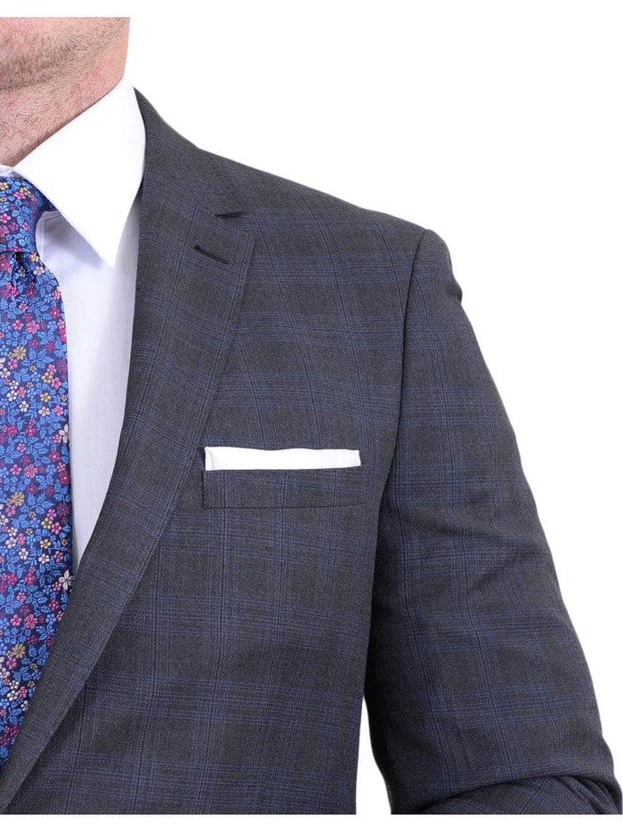 London Fog TWO PIECE SUITS Extra Slim Fit Charcoal Gray Plaid Two Button Wool Blend Suit