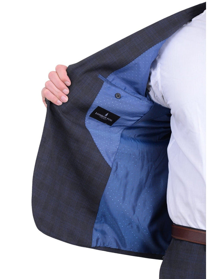 London Fog TWO PIECE SUITS Extra Slim Fit Charcoal Gray Plaid Two Button Wool Blend Suit