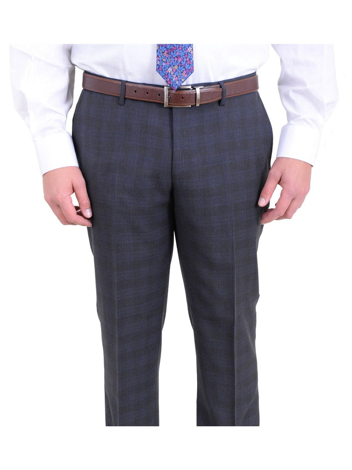 London Fog TWO PIECE SUITS Extra Slim Fit Charcoal Gray Plaid Two Button Wool Blend Suit