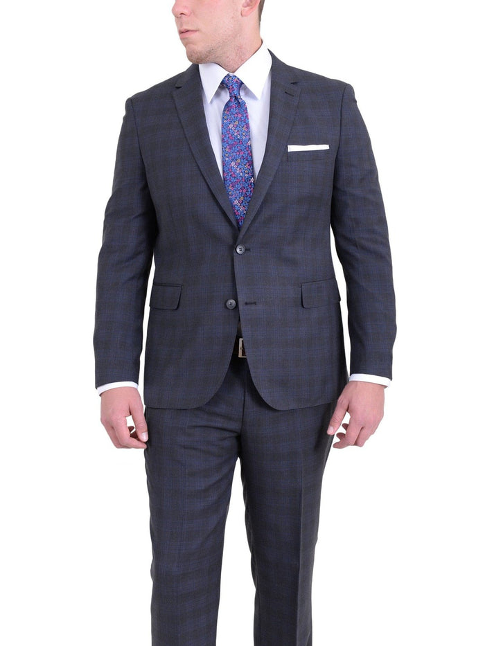 London Fog TWO PIECE SUITS Extra Slim Fit Charcoal Gray Plaid Two Button Wool Blend Suit