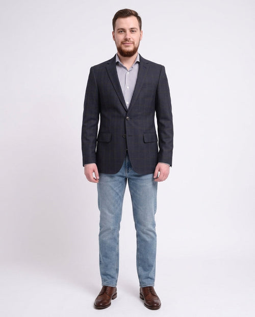 Extra Slim Fit Navy Blue With Brown Plaid Wool Blazer Sportcoat