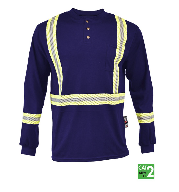 Front Line 6.9 oz Henley Segmented Striped Navy Long Sleeve T-Shirt