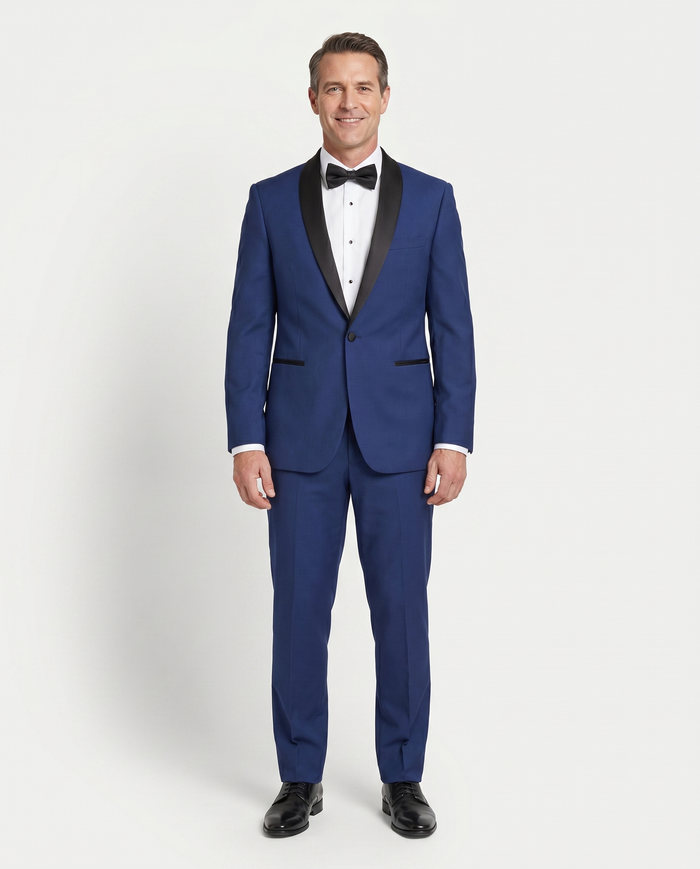 Gino Vitale Slim Fit Indigo Blue One Button Tuxedo Suit With Satin Shawl Lapel - The Suit Depot