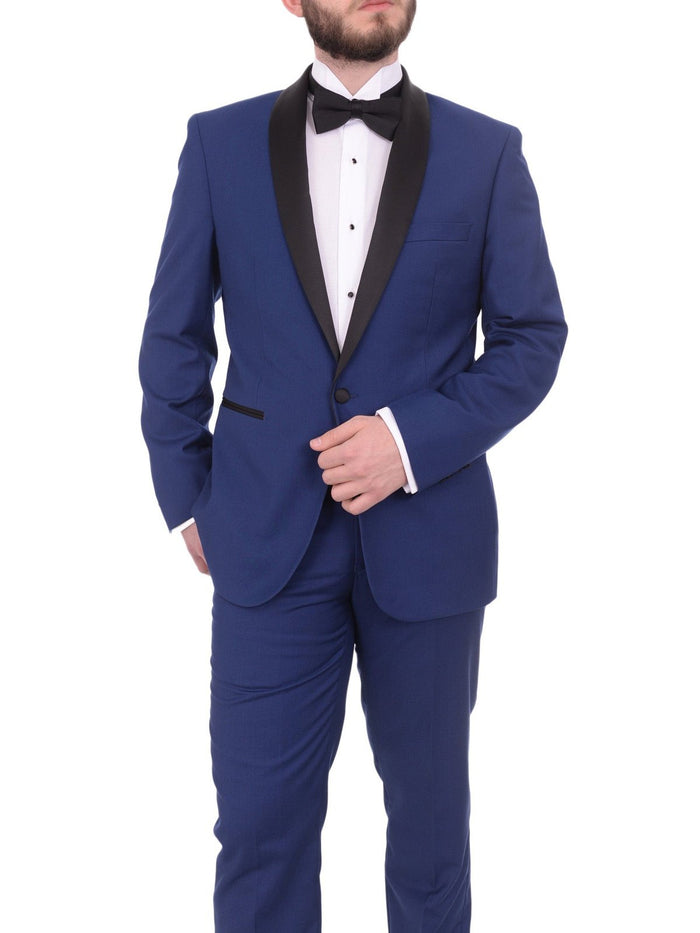 Gino Vitale Slim Fit Indigo Blue One Button Tuxedo Suit With Satin Shawl Lapel - The Suit Depot