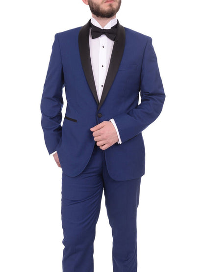Gino Vitale Slim Fit Indigo Blue One Button Tuxedo Suit With Satin Shawl Lapel - The Suit Depot