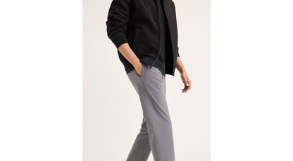 View of model wearing Car Park Grey Go Activeflex Chino, Slim Fit.