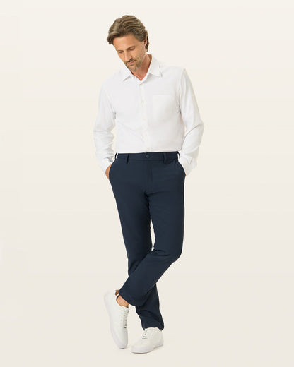 Front view of model wearing Navy Blazer Go Chino, Slim Fit with Airweave.