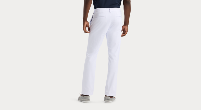 View of model wearing Lucent White Go Chino, Slim Fit with Airweave.