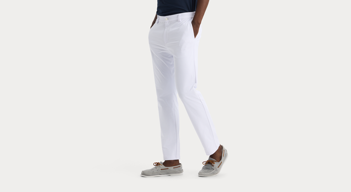 View of model wearing Lucent White Go Chino, Slim Fit with Airweave.