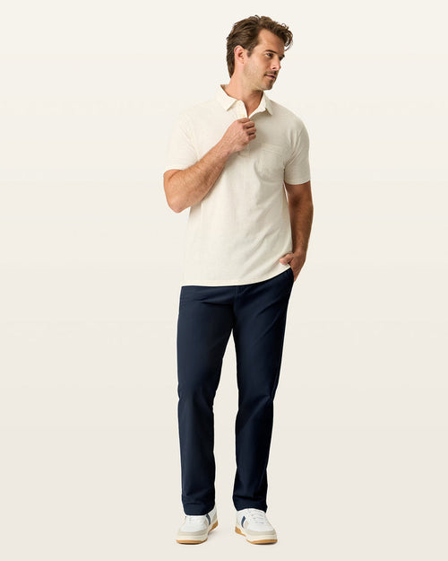 Front view of model wearing Navy Blazer Go Airweave Chino, Straight Fit.