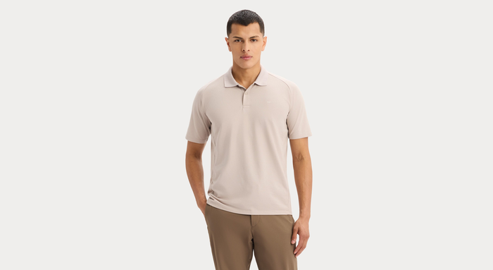 Front view of model wearing Ashes of Roses Go Polo, Regular Fit.
