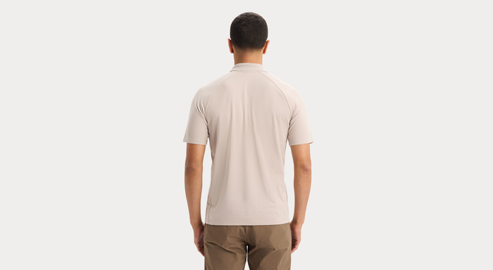 Back view of model wearing Ashes of Roses Go Polo, Regular Fit.