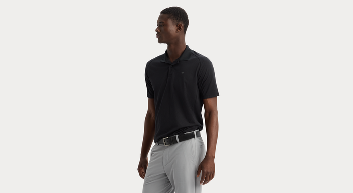 View of model wearing Beautiful Black Go Polo, Regular Fit.