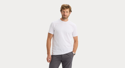 Front view of model wearing Lucent White Go Tee, Slim Fit.
