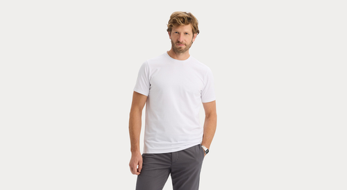 Front view of model wearing Lucent White Go Tee, Slim Fit.