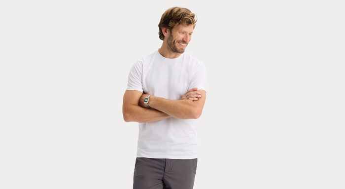 View of model wearing Lucent White Go Tee, Slim Fit.