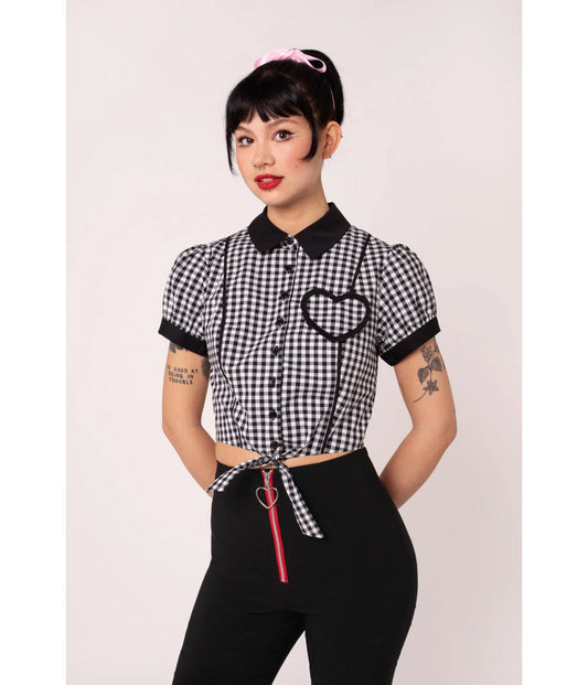 Hell Bunny Black & White Gingham Mel Cropped Blouse