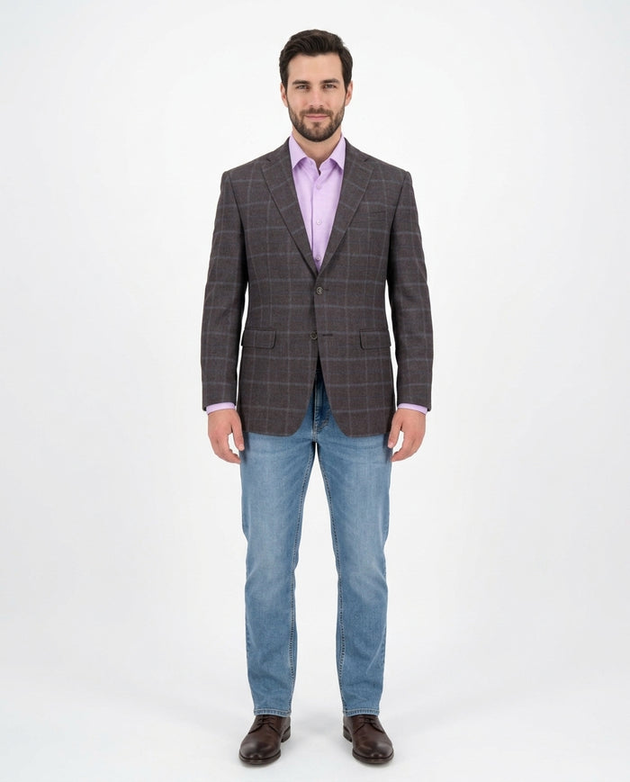 I Uomo Regular Fit Men's Brown & Blue Plaid Two Button Wool Blazer Sportcoat - The Suit Depot