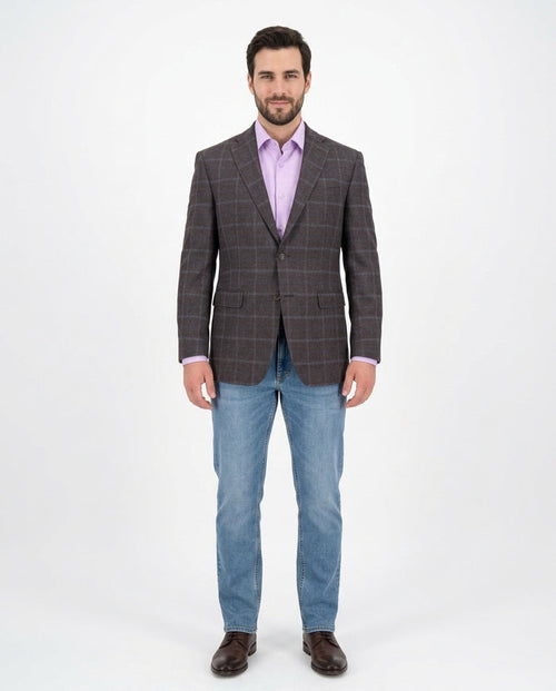 I Uomo Regular Fit Men's Brown & Blue Plaid Two Button Wool Blazer Sportcoat - The Suit Depot