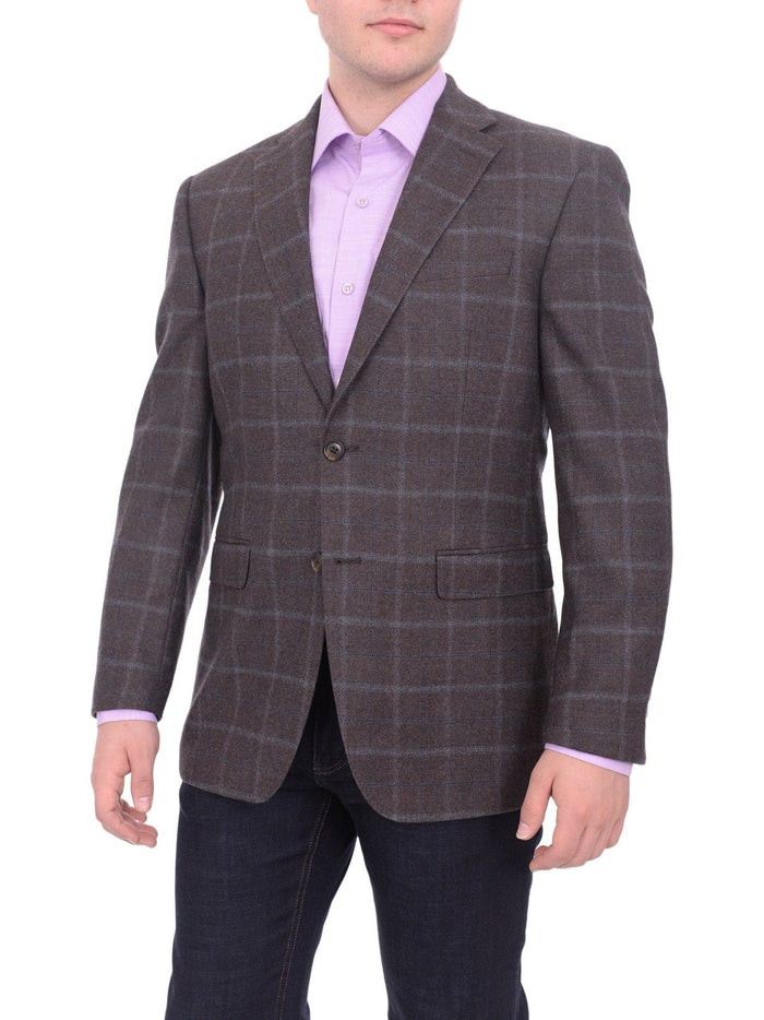 I Uomo BLAZERS I Uomo Regular Fit Men's Brown & Blue Plaid Two Button Wool Blazer Sportcoat