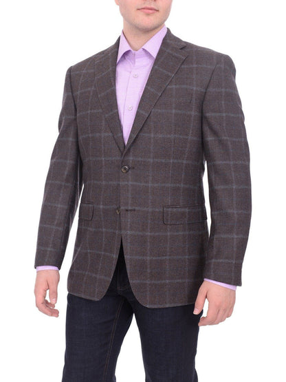 I Uomo BLAZERS I Uomo Regular Fit Men's Brown & Blue Plaid Two Button Wool Blazer Sportcoat