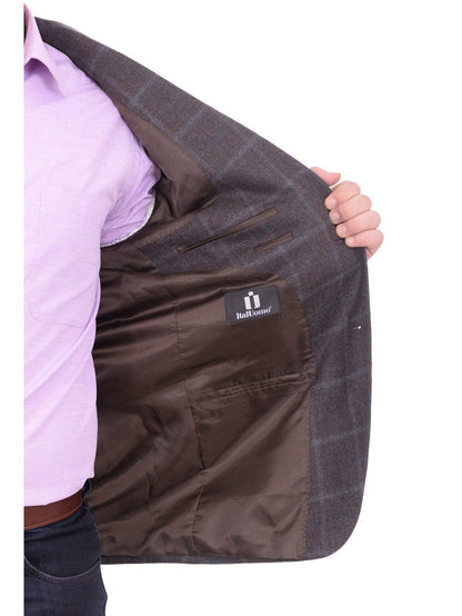 I Uomo BLAZERS I Uomo Regular Fit Men's Brown & Blue Plaid Two Button Wool Blazer Sportcoat
