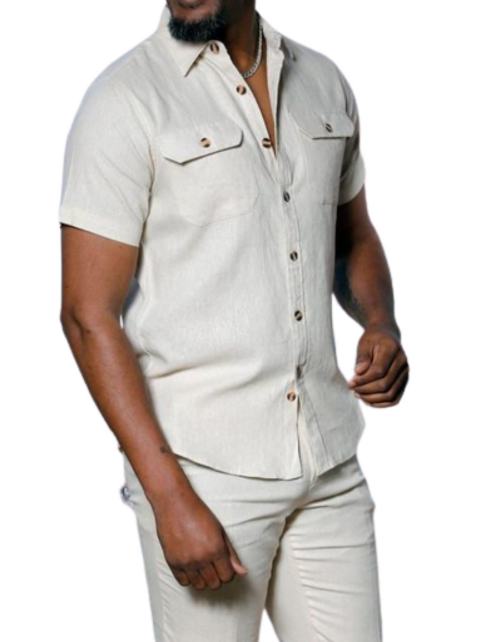 Insomnia Mens Solid Natural Beige Linen Blend Short Sleeves Walking suit