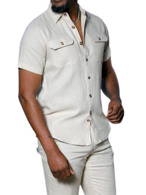 Insomnia Mens Solid Natural Beige Linen Blend Short Sleeves Walking suit