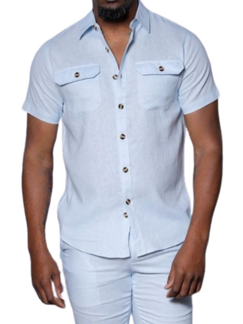 Insomnia Mens Solid Sky Blue Linen Blend Short Sleeves Walking suit
