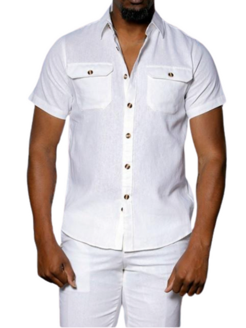 Insomnia Mens Solid White Linen Blend Short Sleeves Walking suit