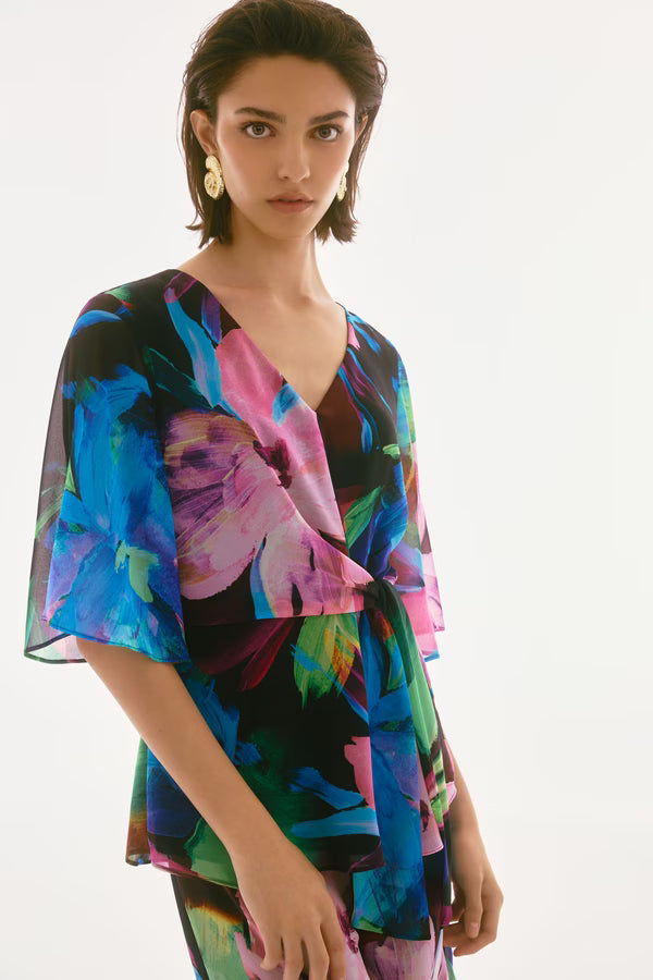 Joseph Ribkoff - Floral Flutter Sleeve Tie-Waist Top