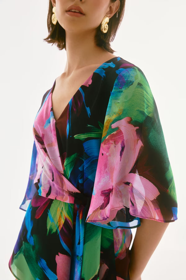 Joseph Ribkoff - Floral Flutter Sleeve Tie-Waist Top
