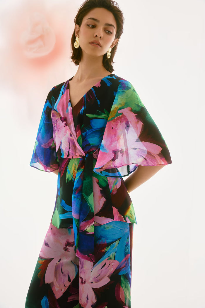 Joseph Ribkoff - Floral Flutter Sleeve Tie-Waist Top