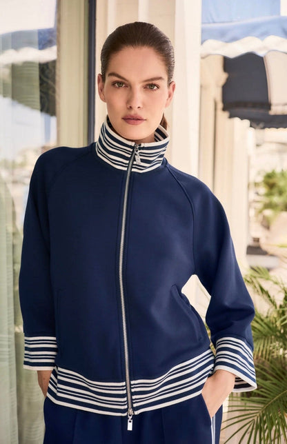 Joseph Ribkoff 261617 striped rib zip-front jacket in Indigo/Vanilla, front